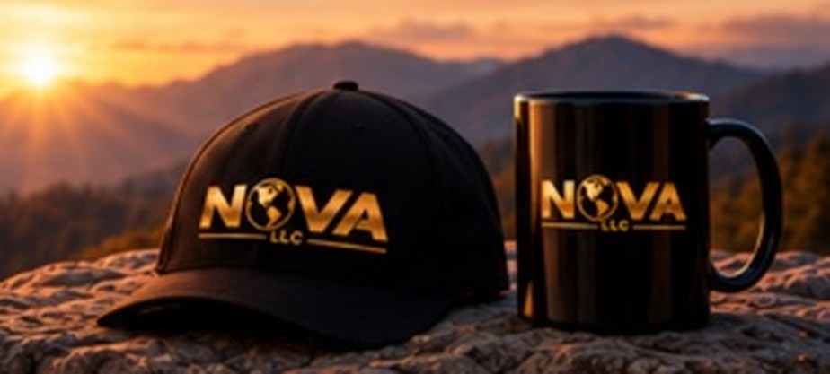 NOVA black cap and black mug from approved website mockup